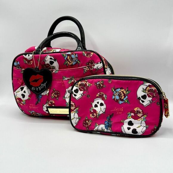 Betsey Johnson Handbags - Betsey Johnson pink floral skulls weekender cosmetic travel bag and matching pou
